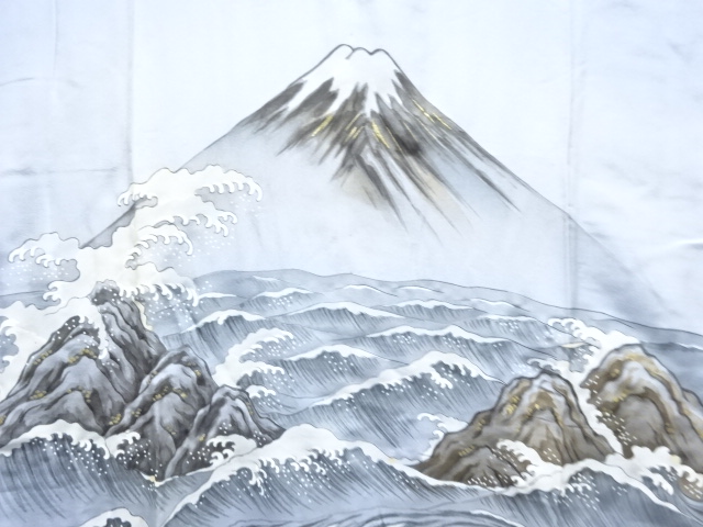 JAPANESE KIMONO / ANTIQUE MENS JUBAN / SILK / MT FUJI & ROUGH WAVE